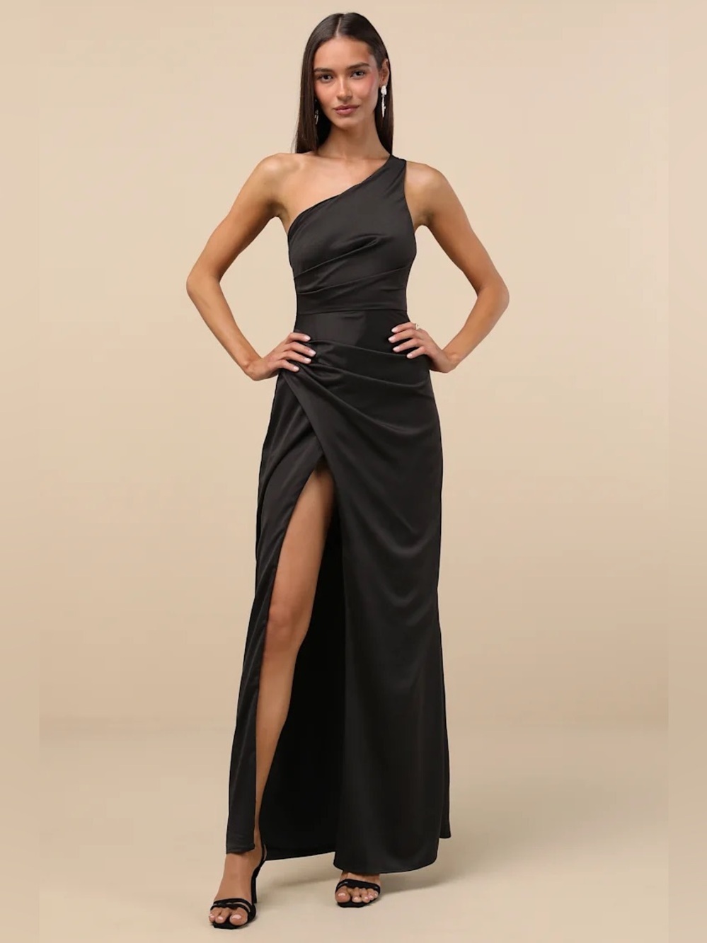 Lulus Dreaming of Elegance Black Satin One-Shoulder Maxi Dress - Picture 1 of 12